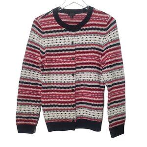 Talbots Stripe Cardigan Fair Isle Red Black Button Up Sweater Womens Medium